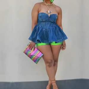 ZHEZHE mode haute qualité femmes nouveau solide femmes <span class=keywords><strong>matures</strong></span> Jean robes sans manches <span class=keywords><strong>Tube</strong></span> à volants Mini robe en jean - Product Image 1