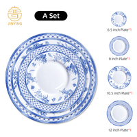 Vaisselle élégante bleue et blanche, ensembles de vaisselle en céramique exquis, assiette de présentation en porcelaine osseuse pour mariage, fête et restaurant