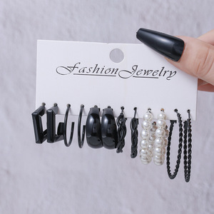Bijoux fantaisie, ensemble de 6 paires de boucles d'oreilles noires en forme de C, clous de perles, design géométrique, pour femmes, à porter en soirée - Product Image 2