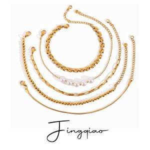 Yueli Jewelry <b>Set</b> 5Pc Gold Tone <b>Bracelets</b> With Freshwater Pearl Layered Design Unisex Everyday Wear - Product Image 1