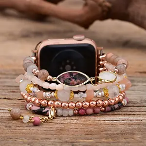 Eraysun Chian Atacado Pedra Natural Watch Band Custom Moda Jóias Beads Cadeia estiramento Pulseira Para Apple Watch Strap