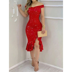 Abito da donna di lusso con strass elegante estate a manica corta abiti da sera irregolari rosso <span class=keywords><strong>nero</strong></span> - Product Image 1