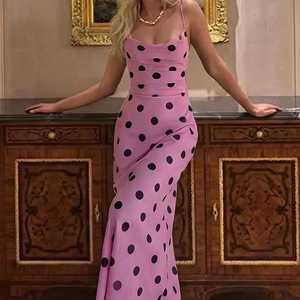 Robe longue sirène moulante en satin à pois pour femme, avec bretelles spaghetti et dos croisé - Product Image 1