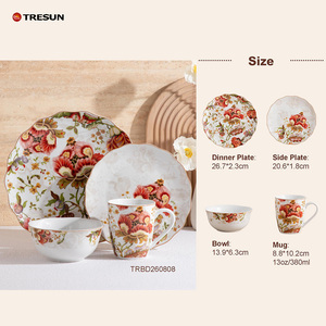 Service de table en céramique à motif floral botanique rétro, design personnalisé, vaisselle en porcelaine à bord ondulé pour les chaînes de magasins, boîte promotionnelle pour festival - Product Image 2