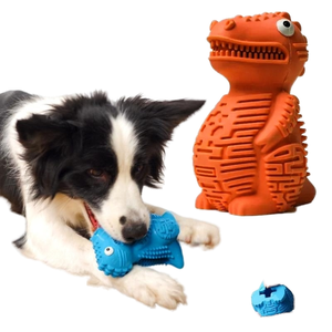 Jouet pour chien en caoutchouc naturel durable, motif dinosaure, multicolore, saveur bœuf, pour le nettoyage des dents, vente en gros d'usine - Product Image 1
