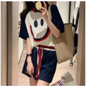 Women's Summer <b>Tracksuit</b> Embroidered Smiley Face Loose Fit Casual Short Sleeve Top And Shorts Plus Size 200 Lbs - Product Image 3
