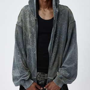 Sudadera con capucha corta de algodón lavado con efecto desgastado, con cremallera, diseño de cielo estrellado personalizado y pedrería - Product Image 1