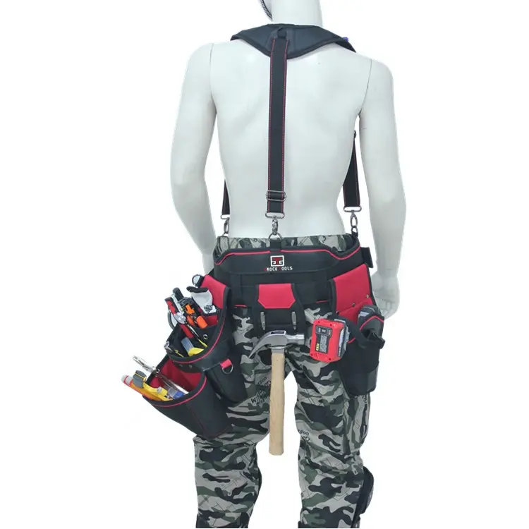 Heavy duty customized detachable waist belt tool bag with drill holder pouch and shoulder strap Y type suspender