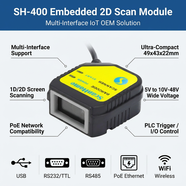 SH-400 Embedded 1D/2D QR Code Barcode Scanner Module 49x43x22mm USB/WiFi/PoE IoT Kiosk/Vending Machine Robot OEM Stock