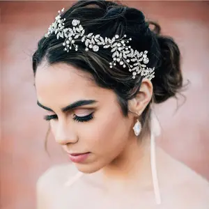 Grosir paduan headpiece-Bando Pernikahan Perak Hiasan Rambut Pengantin, Ikat Kepala Kristal Daun Bawah Berlian Imitasi untuk Pengantin Perempuan