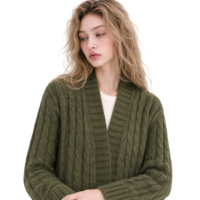 Cardigan long en maille torsadée pour femme, vert olive, ouvert sur le devant, avec poches plaquées en mohair, style manteau-pull, OEM ODM