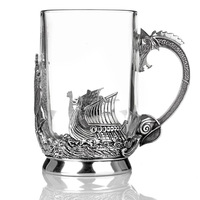 Chope à bière en verre avec base et poignée en alliage de zinc, magnifique chope en verre étain, type tankard, avec motif Viking et navire long.