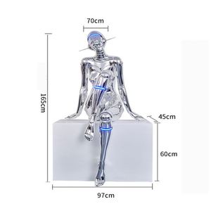 2024 hậu hiện đại dẫn đèn sàn với kaws ánh sáng màu xanh <span class=keywords><strong>Chrome</strong></span> đương đại ngồi điêu khắc trang trí ưa thích phụ nữ Robot thiết kế - Product Image 3