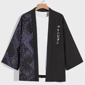 Cardigan à imprimé numérique pour homme, Style japonais, tendance, Kimono, manches mi-longues, chemise épissure