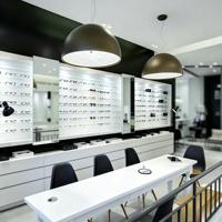 Meuble mural moderne noir et blanc pour présentation de lunettes, unité de rangement basse, table d'optométrie pour lunettes de soleil