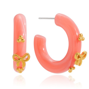 Hoop Earrings Resin Coral Color Gold Bowknot Design Stainless Steel Post Fashion Jewelry - Product Image 5