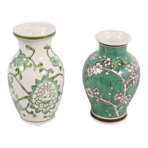 Vaso in Ceramica con Design Floreale Chinoiserie Verde e Bianco, Vaso Decorativo per Soggiorno - Product Image 3