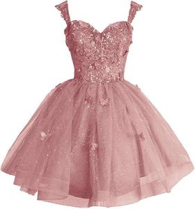 Nuevo <span class=keywords><strong>Vestido</strong></span> de Noche para Mujer, <span class=keywords><strong>con</strong></span> Tirantes, Hombros Descubiertos, Mariposas 3D, <span class=keywords><strong>Vestido</strong></span> Corto de Quinceañera, Brillante, Corte A, para Cóctel o Fiesta - Product Image 3