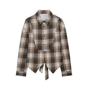 Chemise boutonnée en flanelle à carreaux pour femme, manches longues, col asymétrique rabattu, coupe décontractée, haut d'automne - Product Image 1