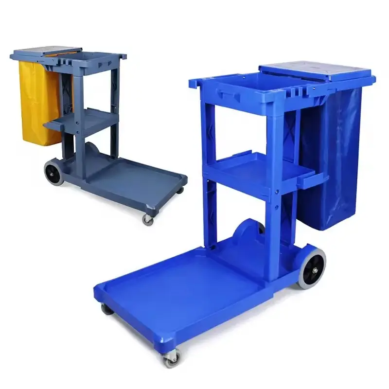 Wholesale Janitorial supply service multifunction plastic housekeeping serving folding cleaning trolley outdoor janitorial cart