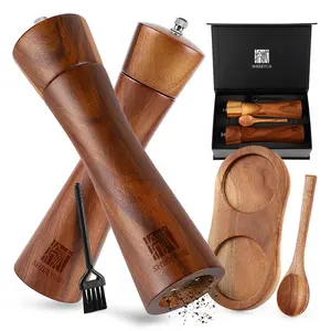 Zout En Peper Grinder Set Handmatige Acacia Hout Peper Zoutmolen Met Lepel En Geschenkdoos