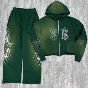 Conjunto Deportivo Unisex Holgado con Estampado, Sudadera con Capucha y Cremallera con Pedrería, Pantalones Deportivos, Conjunto Deportivo Grueso con Lavado Ácido para Hombre - Product Image 1