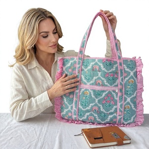Bolso Tote Acolchado de Color Sólido Vintage con Bordado y Volantes, Estilo Bohemio de Algodón, Cierre de Cremallera, para Uso Diario en Todas las Estaciones - Product Image 1