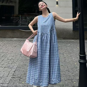 Women's Summer Korean Style Casual Mid Length Vacation <b>Dress</b> Light Blue Plaid V Neck <b>Elastic</b> Waist Breathable Leisure <b>Dress</b> - Product Image 3