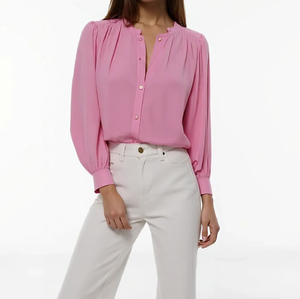 Blusa de Chifón Rosa Casual de Verano al por Mayor para Mujer, 100% Algodón Tejido, Cuello Redondo, Botones, Manga Abullonada Tres Cuartos, Secado Rápido, Personalizable - Product Image 5