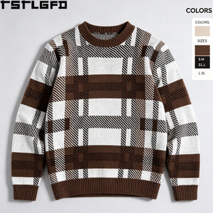 Pull tricoté à carreaux style Old Money, marron crème, col rond épais, rétro, vente en gros - Product Image 3