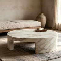 Table basse de luxe en marbre blanc. Base Courbe Minimaliste Moderne, Surface Polie, Étanche. pour la chambre à coucher, la salle de bain, le salon