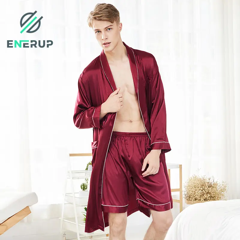 Enerup Custom Wholesale Silk Feeling Men's Home Sleepwear Short Pants Pajamas Robe Set