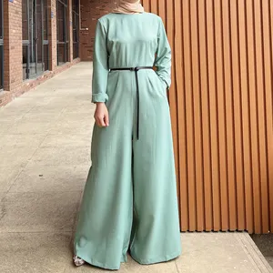 2023批发新款时尚优雅简约素色伊斯兰服装一体式穆斯林女性内阿巴亚连身衣