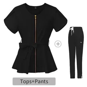 customize front full zipper beauty salon black work scrubs uniforms healthcare scrub uniforms