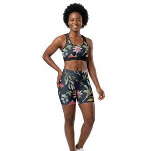 Conjunto de Yoga con Estampado por Sublimación para Mujer, Sujetador Deportivo Racerback, Pantalones Cortos de Cintura Alta, Transpirable, Spandex, Poliéster, 2 Piezas, Ropa Deportiva - Product Image 1