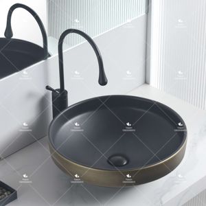 Lavabo de Diseño Creativo Yeson, Redondo, de Porcelana con Efecto Mármol Negro y Dorado, Lavamanos de Cerámica para Baño, Lavabo Artístico para Encimera - Product Image 4