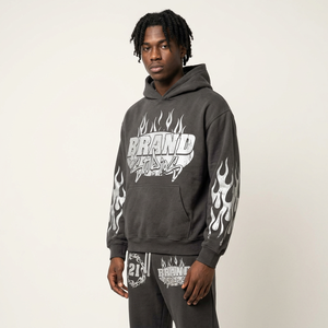 Conjunto de Sudadera con Capucha y Pantalones de Chándal de Talla Grande, 100% Algodón, con Estampado de Llama Negra, Estilo Urbano, de Pierna Ancha y Corte Holgado, para Otoño - Product Image 4