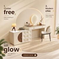 Coiffeuse avant-gardiste avec meuble de rangement sculptural et miroir LED, coiffeuse en L texture bois pour villa