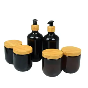 250ml Plástico PET Cabelo Recipiente Banho Sal Jar Creme Jar Amber com Bamboo Lid Cosmetic Skin Care