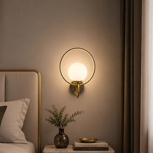 Elvaron Brushed Brass Ring Wall Sconce Opal White Glass Globe Bedroom Villa Background Decor Lamp - Product Image 5
