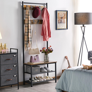 Floor Standing Coat <b>Rack</b> Entryway Storage <b>Rack</b> with Unique Double Hooks Metal Wooden Coat <b>Rack</b> Shoe Bench - Product Image 5