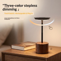 Lampe de table décorative en aluminium en forme d'OVNI avec base en bois moderne, 3 couleurs, gradation progressive, rechargeable, veilleuse