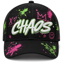Casquette de baseball premium noire, rose et verte, motif graffiti, impression en relief, broderie 3D, strass, casquette souple style « Dad Hat », directement de l'usine