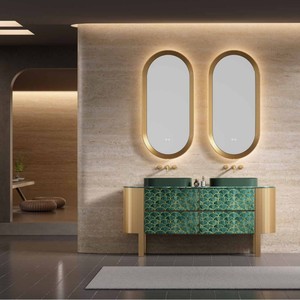 Meuble de salle de bain en acier inoxydable Bokjia avec miroir lumineux, fabrication sur mesure, couleur noyer, lavabo en céramique en une seule pièce - Product Image 1