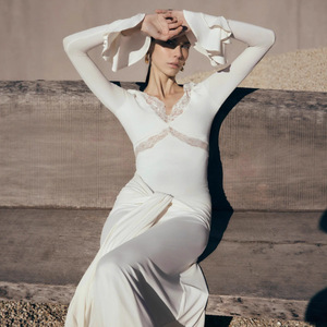 Vestidos de Mujer Personalizados, Vestido Blanco de Encaje para Mujer, Vestido Largo de Verano con Mangas Largas, Cuello en V, Ajustado, Espalda Descubierta, Vestido <span class=keywords><strong>Maxi</strong></span> para Fiesta - Product Image 3