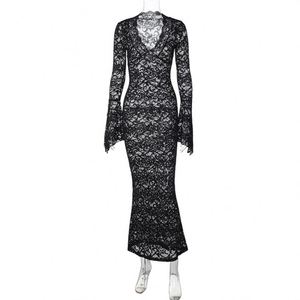 Dropshipping bianco Sexy sirena lunga Maxi abito con stampa a maglia floreale sottile trasparente in pizzo manica lunga svasata lavabile - Product Image 6
