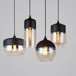 Lustres et suspensions en verre industriel vintage avec source de lumière LED pour la maison, lampe de salle à manger noire