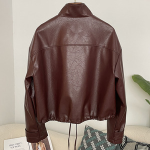 OFTBUY 여성용 인조 가죽 코트 여성 스탠드 칼라 긴소매 트랜지션 PU 가죽 재킷 지퍼 오토바이 재킷 루즈핏 - Product Image 6