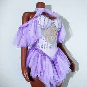 Lavender Glow Coachella 2026 Body con diseño de jaula de pedrería y falda de tul con volantes en capas, ropa de escenario para estrellas del pop y carnaval, venta al por mayor - Product Image 5