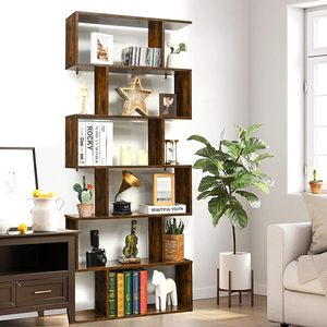 Étagère de rangement et de présentation <span class=keywords><strong>en</strong></span> bois à 6 niveaux, rustique, géométrique, moderne, <span class=keywords><strong>en</strong></span> forme de S, avec dispositif anti-renversement, pour salon et maison - Product Image 1